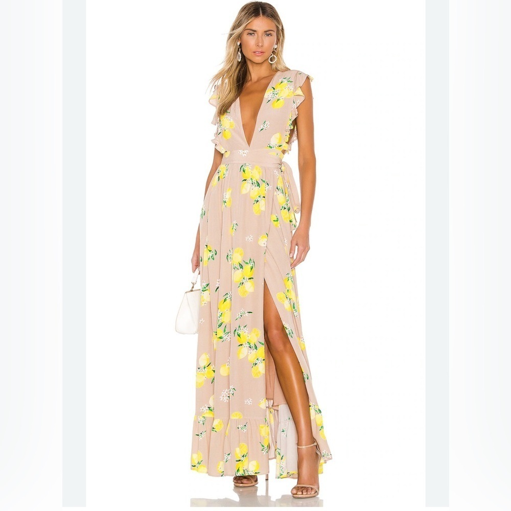 Revolve Majorelle Sweet Pea Dress tan lemon wrap maxi XS